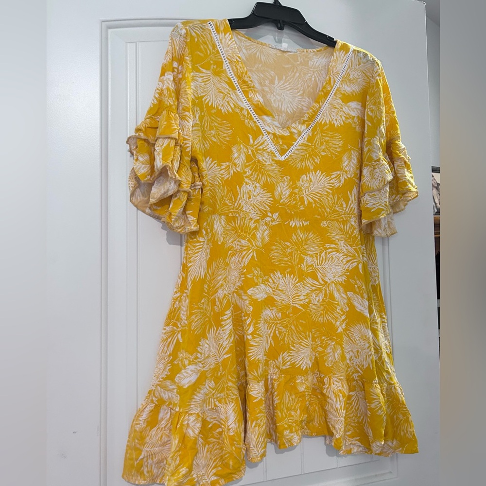 Yellow Floral V-Neck Ruffle Midi Dress
